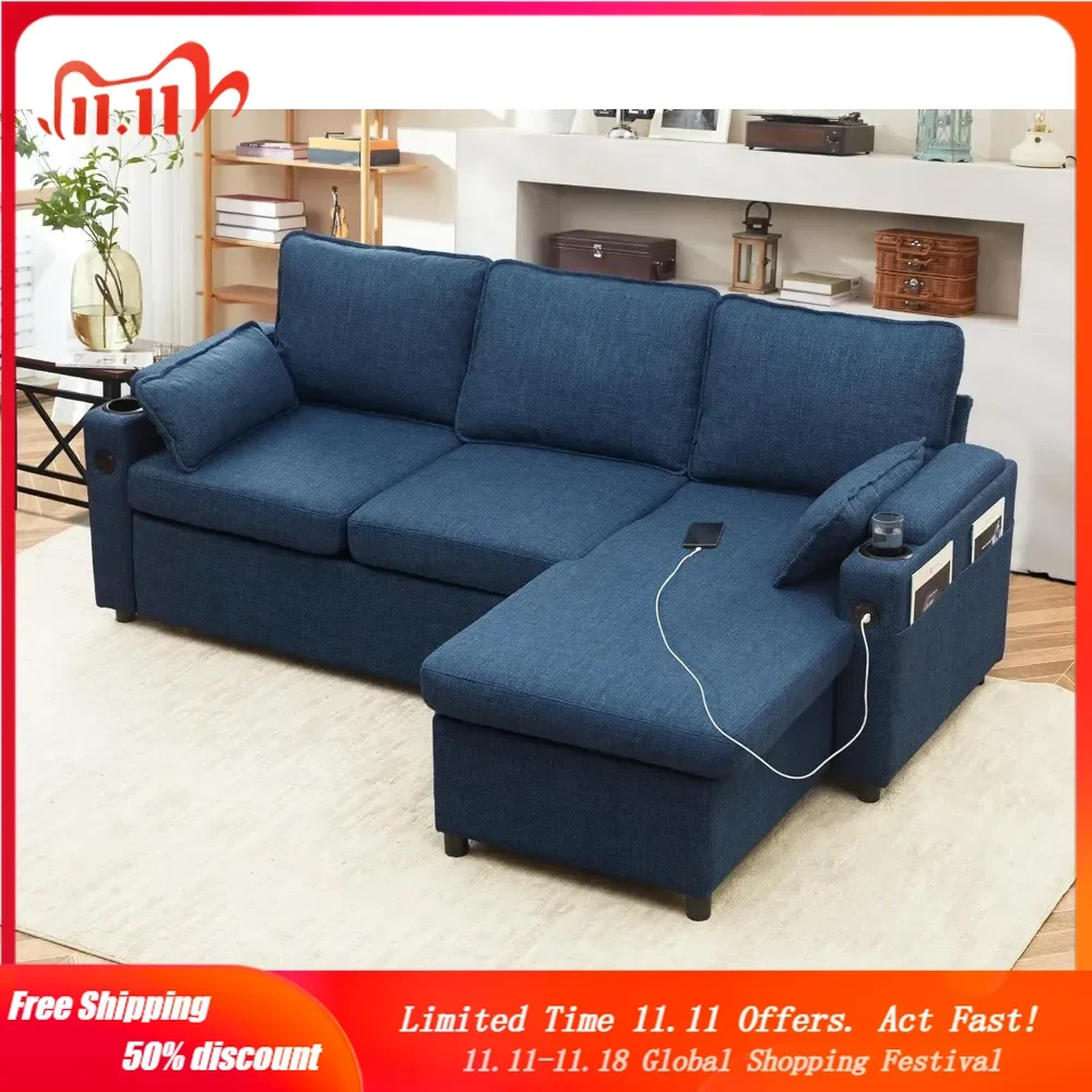 Sofa Bed Sleeper Pull Out 2 in 1 Sectional Sleeper Sofa Couches with Storage,USB,Cup Holder,Pullout Sectional Couches