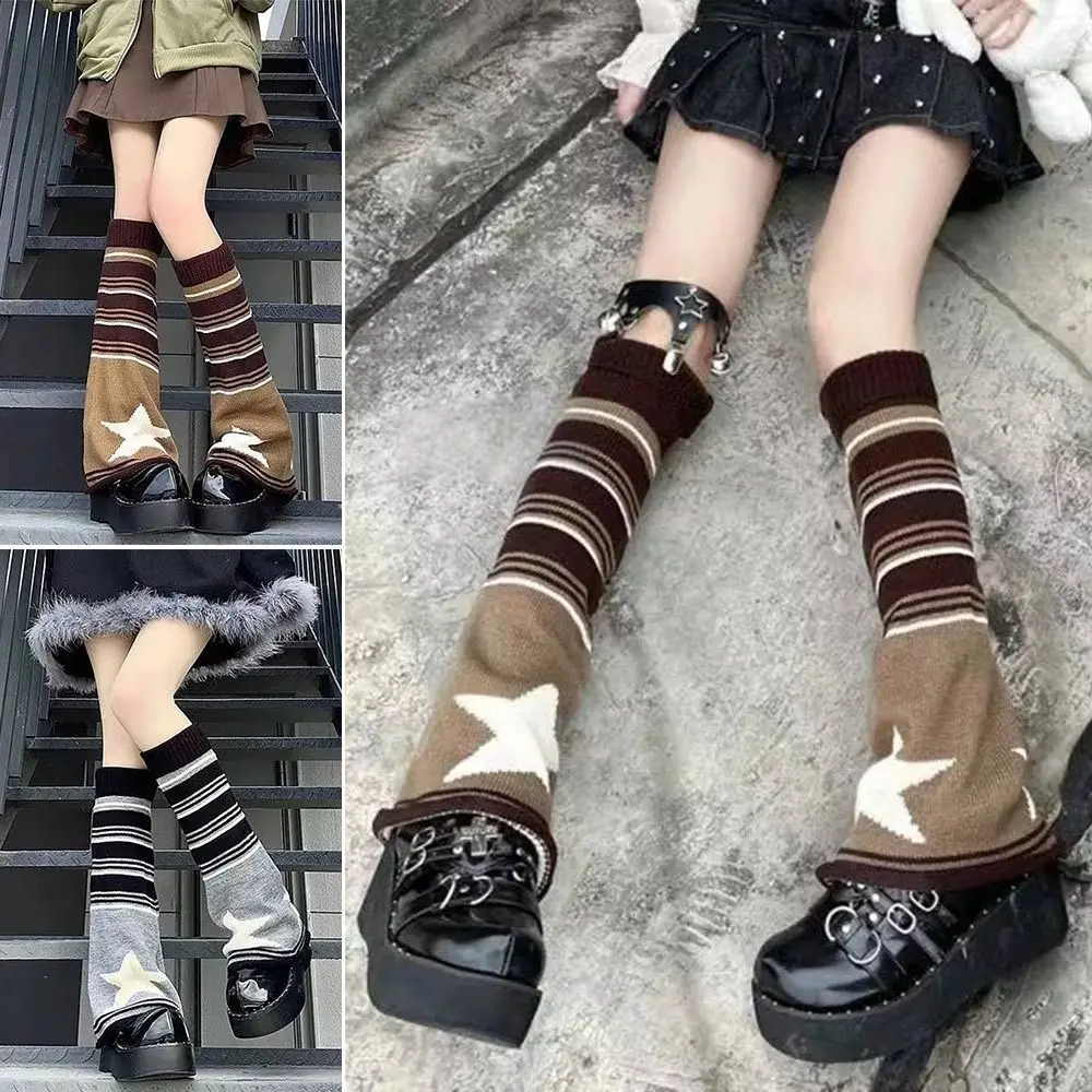 Harajuku Pink Brown Star Leg Warmers Knitted Keep Warm Gothic Y2K Stockings Japanese JK Leg Socks Hot Girl Accessories