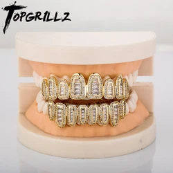 TOPGRILLZ Iced Out Bling Baguette Round Clustered CZ Teeth Grillz 8 Top 8 Bottom Tooth Set Vampire Grills Mouth Jewelry