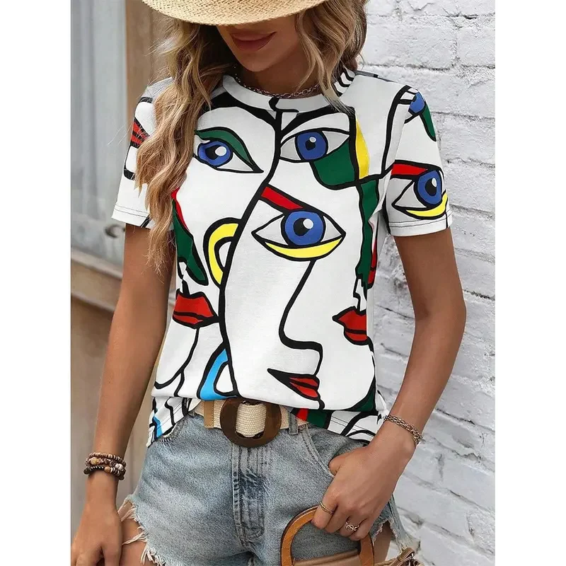 Kaus Wanita Fashion Musim Panas Kaus Leher Kru Lengan Pendek Gambar Cetak Abstrak Kasual Bergaya Atasan Reguler Leher Bulat Pakaian Jalanan Y2K