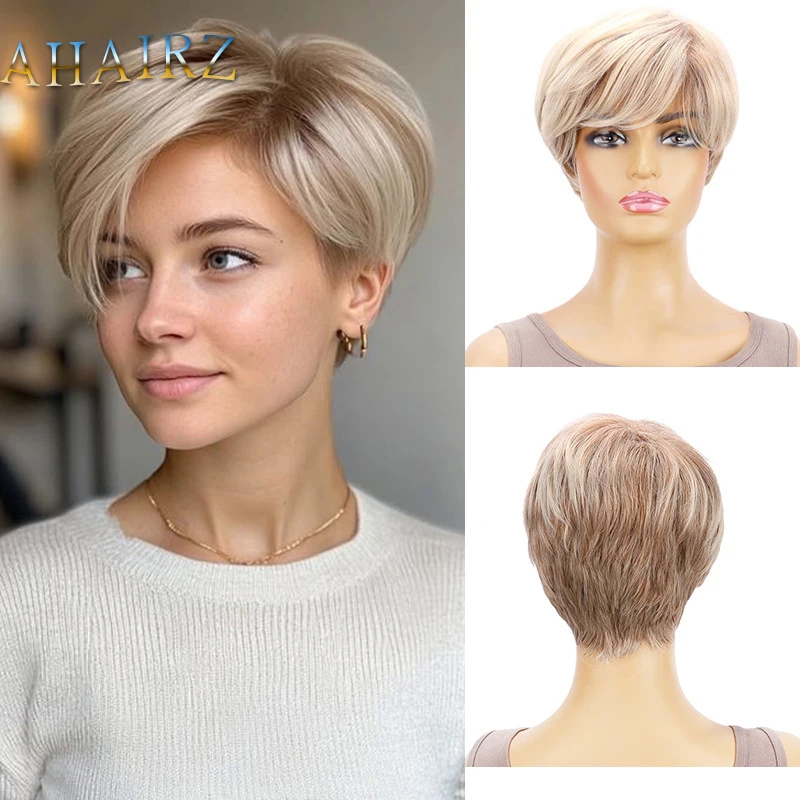 

Synthetic Wigs Short Golden Brown Straight Wigs with Side Bangs For Women Daily Wear Wig High Temperature Fiber