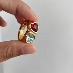 Double colored heart stone chunky rings for women stainless steel red blue stone statement rings unusual jewelry for women