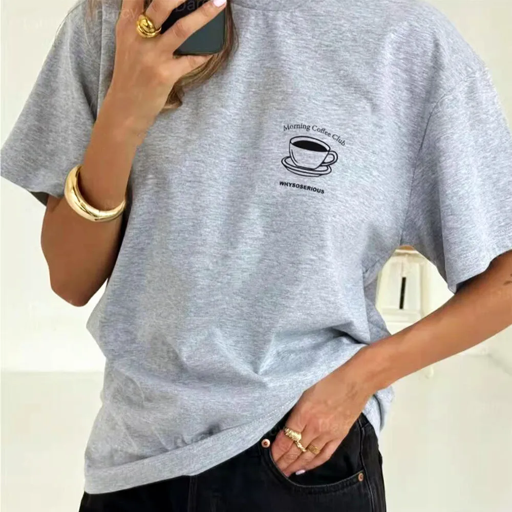Morning Club Coffee Printed Graphic Tees Female Short Sleeve Loose Gray Crewneck Top Summer Cotton Casual Coffee Lover's T shirt