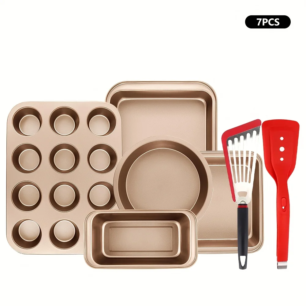 

Non-stick Pan Set, 7/12pcs Kitchen Oven Pan Set, Pan Set with Round/square Cake Pan, Muffin Pan Kitchen Baking Essentials, Black/Golden