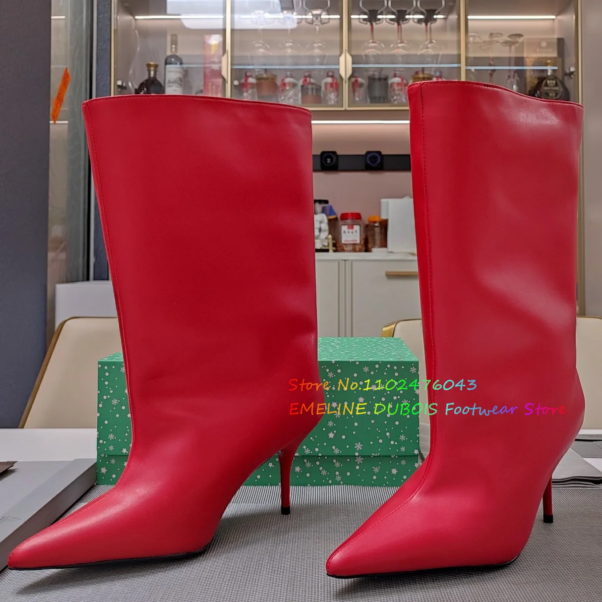 

Red Leather Short Boot Pointy Toe Slim Stiletto Heel Mid-Calf Shaft Slip On Wide Tube Elegant Party Dress Boot for Ladies