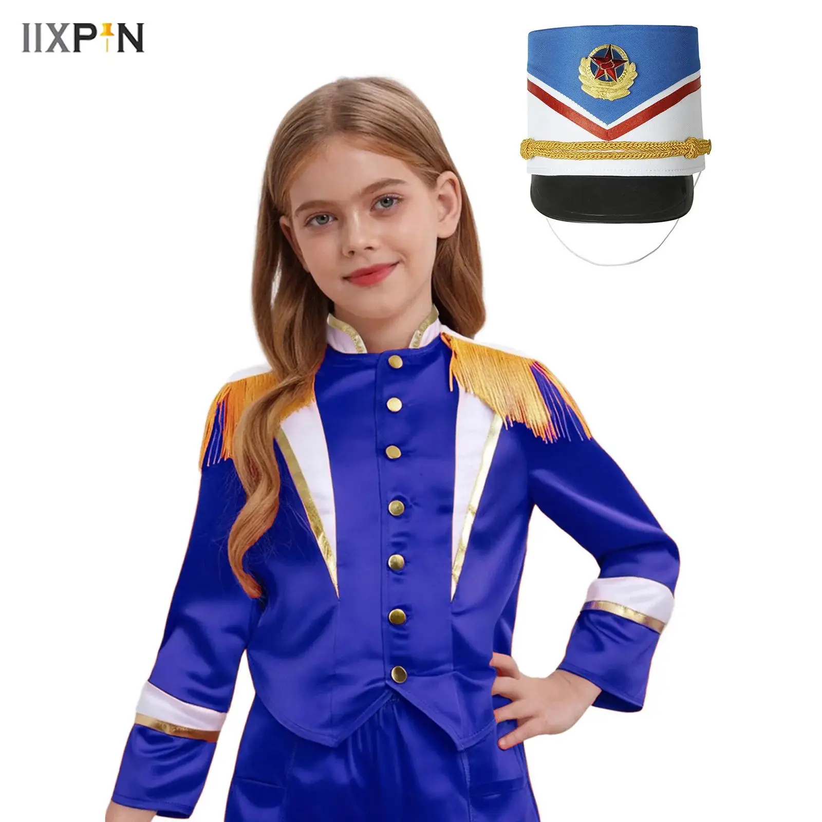

Boys Girls Drum Band Uniform Set Tassels Shoulder Long Sleeve Outerwear+Hat for Halloween Christmas Drum Major Marching Band