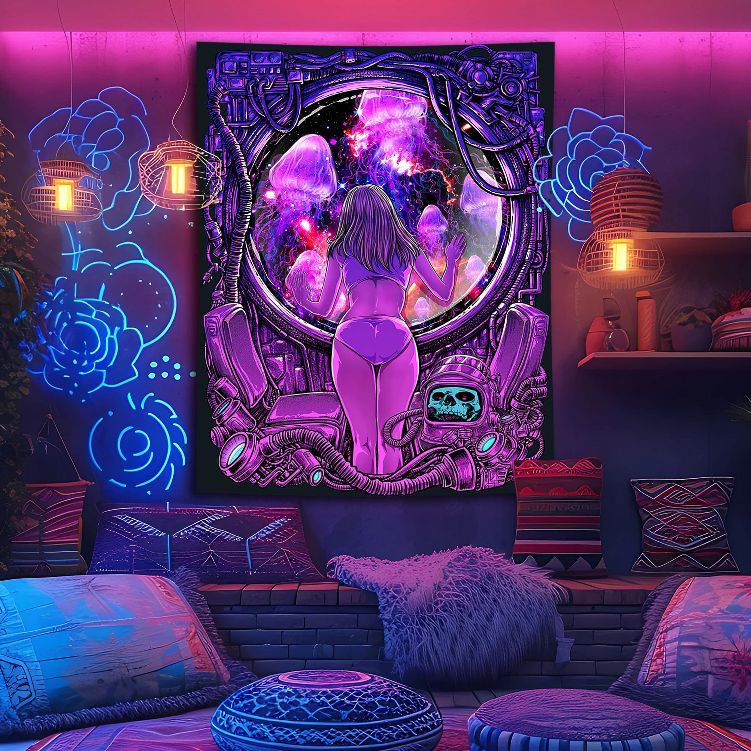 Canvas Purple Girl Looking At Jellyfish with Skulls UV Reactive Galaxy Space Tapestries Ideal for Wall Hanging in Bedroom Décor