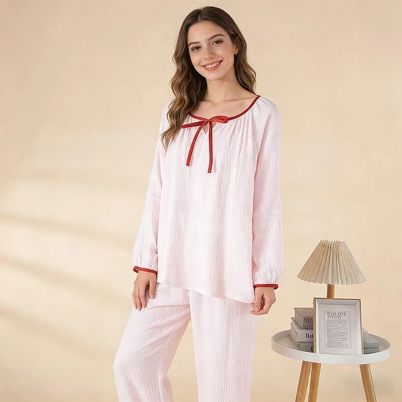 Premium A-Grade 0 Formaldehyde Crinkle 100% Cotton Women's Pajama Set, Breathable Tie-Front Lantern Sleeve Loose Home Loungewear