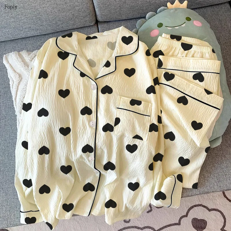 

Женские пижамы с принтом Sweet Love, комплект домашней одежды, пижамный кардиган Love для девочек, весенне-осенний комплект домашней одежды из мятой ткани