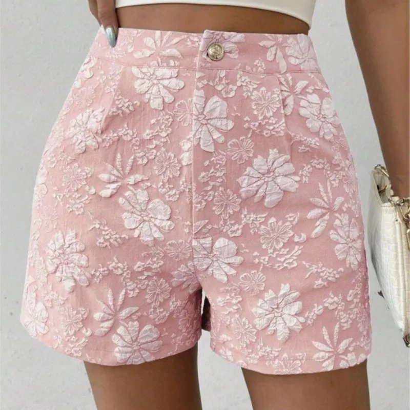 Fashion Jacquard Pattern Women's Short Pants Summer Elegant Solid Shorts With Pockets Lady Casual Comfortable High Waist Shorts