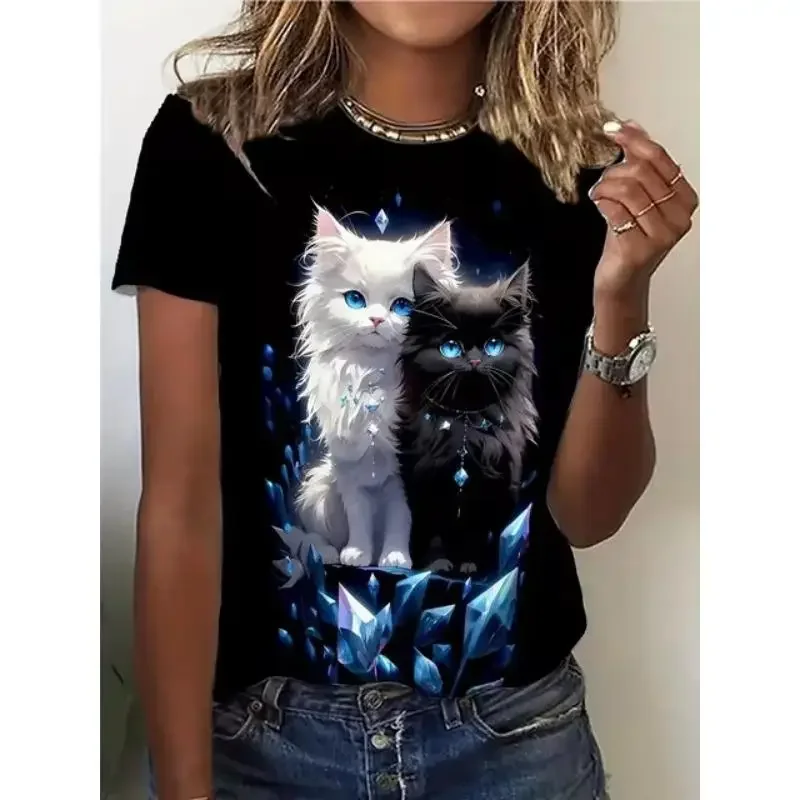 

Женская летняя футболка с короткими рукавами и милыми животными Y2k Harajuku, футболки с круглым вырезом, топ, женский пуловер, одежда, футболки с 3D принтом животных и кошек