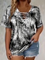 Plus Size 1XL-5XLWomen's Fashion Tie Dye Print Short Sleeve T-Shirt Ladies Casual Loose Fit Tee with Lace-Up Drape Neck T-shirt
