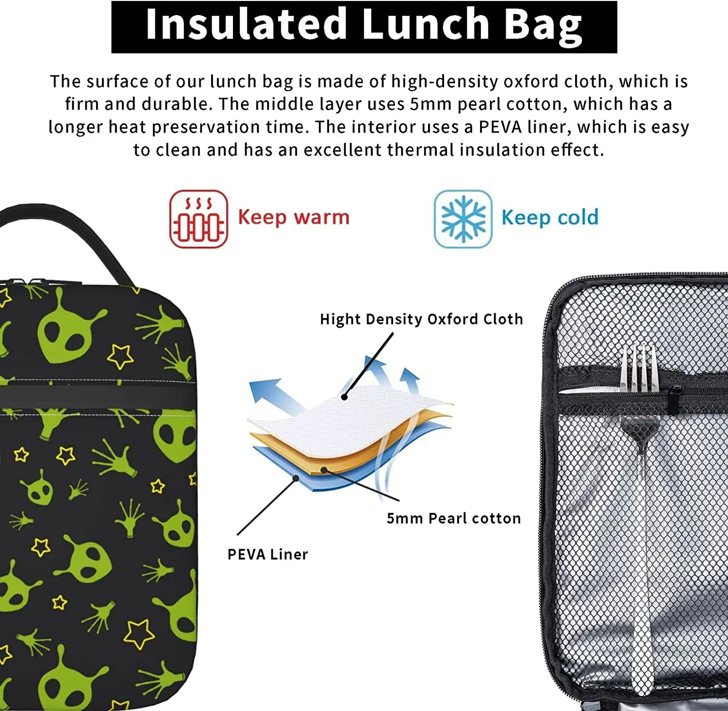 Borsa per il pranzo UFO Alien e Star Borsa per il pranzo Borsa per pasti isolata Contenitore per alimenti per lavoro scolastico Borse per il pranzo da viaggio per picnic per uomini e ragazzi