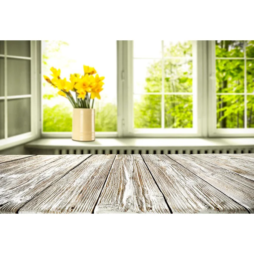 Spring Summer Window Sunshine Natural Scenic Vase Wooden Board Background Photography Backdrops Printed Photo Studio Photophone