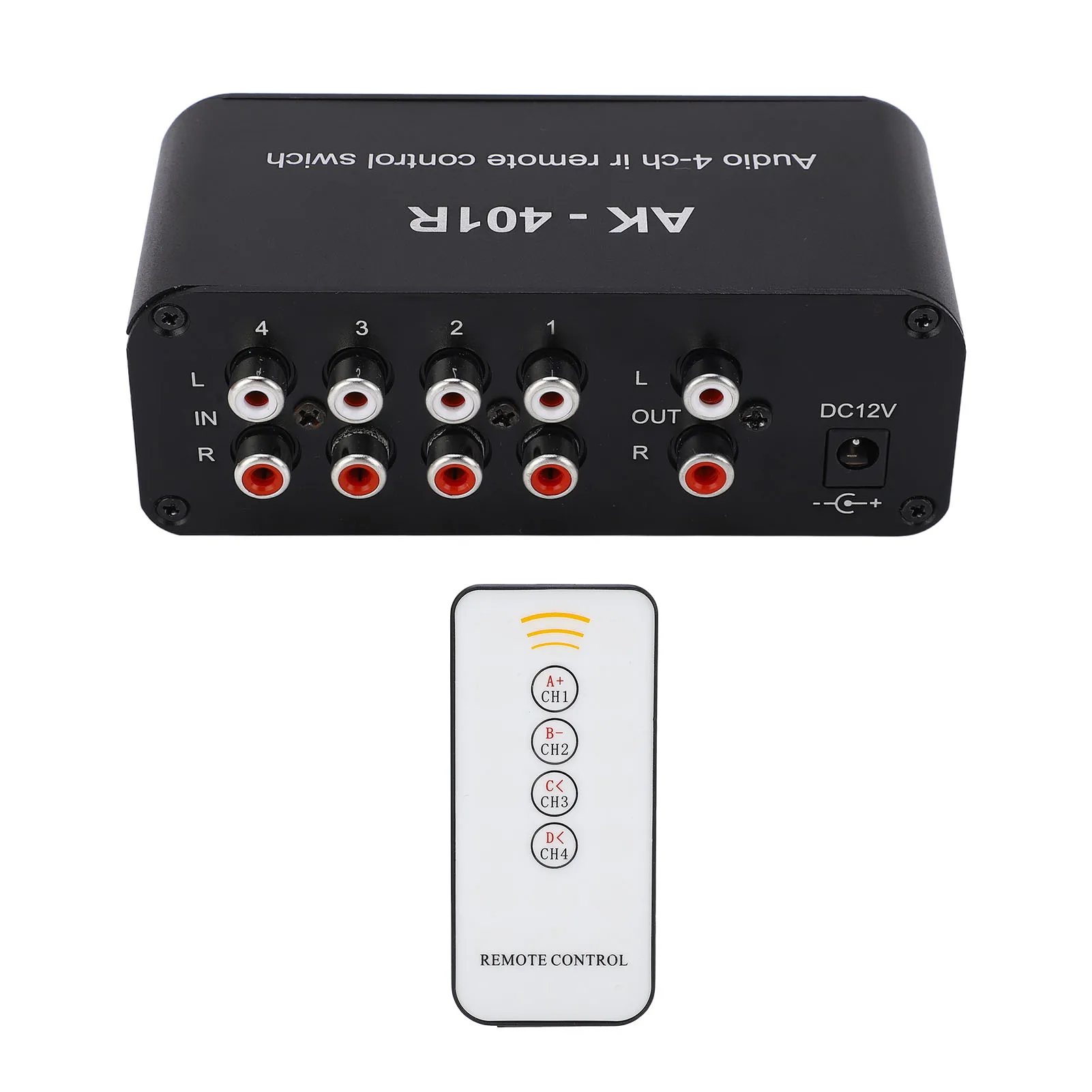 Interruptor de áudio 1 entrada estéreo rca 4 interfaces de saída estéreo rca múltiplas fontes de áudio podem ser conectadas interruptor de sinal de áudio