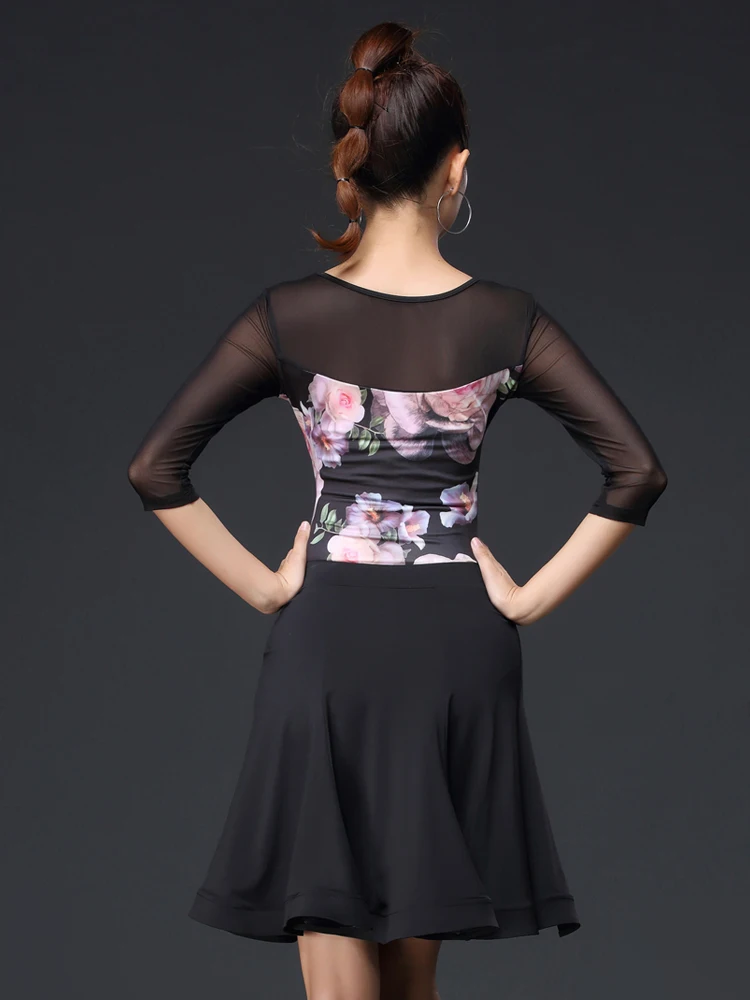 Haut de danse latine nouvelle pratique orm vêtements de danse moderne stand tenue de performance imprimer vêtements de danse sociale à manches mi-longues A...