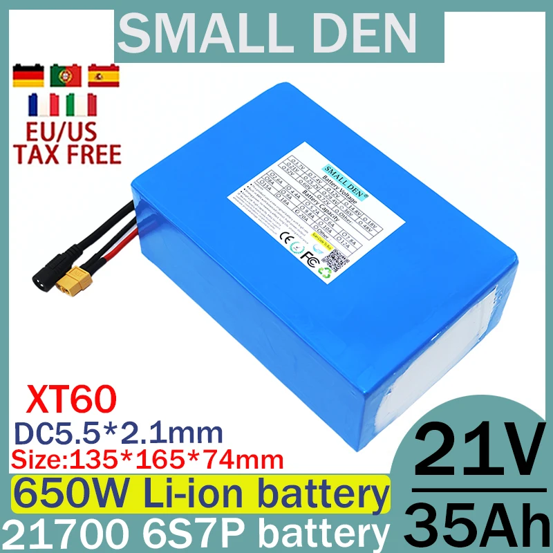 New 21V 35ah 6S7P 21700 lithium battery pack, built-in BMS power tool 0-650W power motor rechargeable battery, bicycle camping