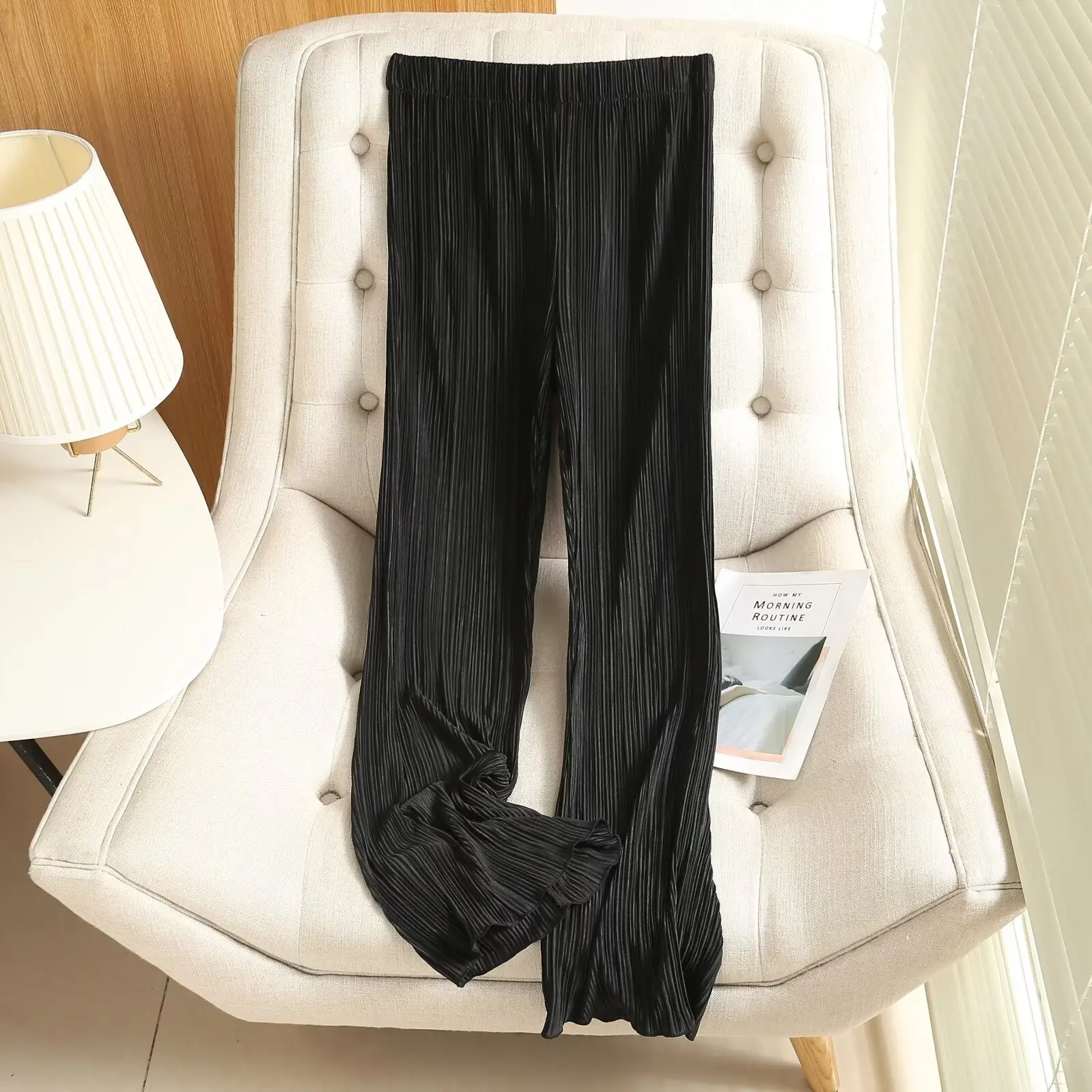 

Women 2023 Spring and Summer New Fashion Black Casual Long Chic Pleated Solid Color Loose Straight Elastomer Trousers Mujer