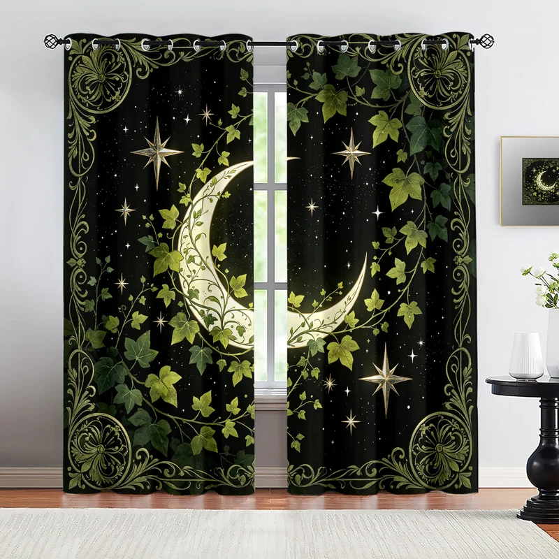 Mystical Dark Blackout Curtains 2Pcs,Moon Star Ivy print,Light‑shielding Privacy Protection Apartment Decor,New House Gift
