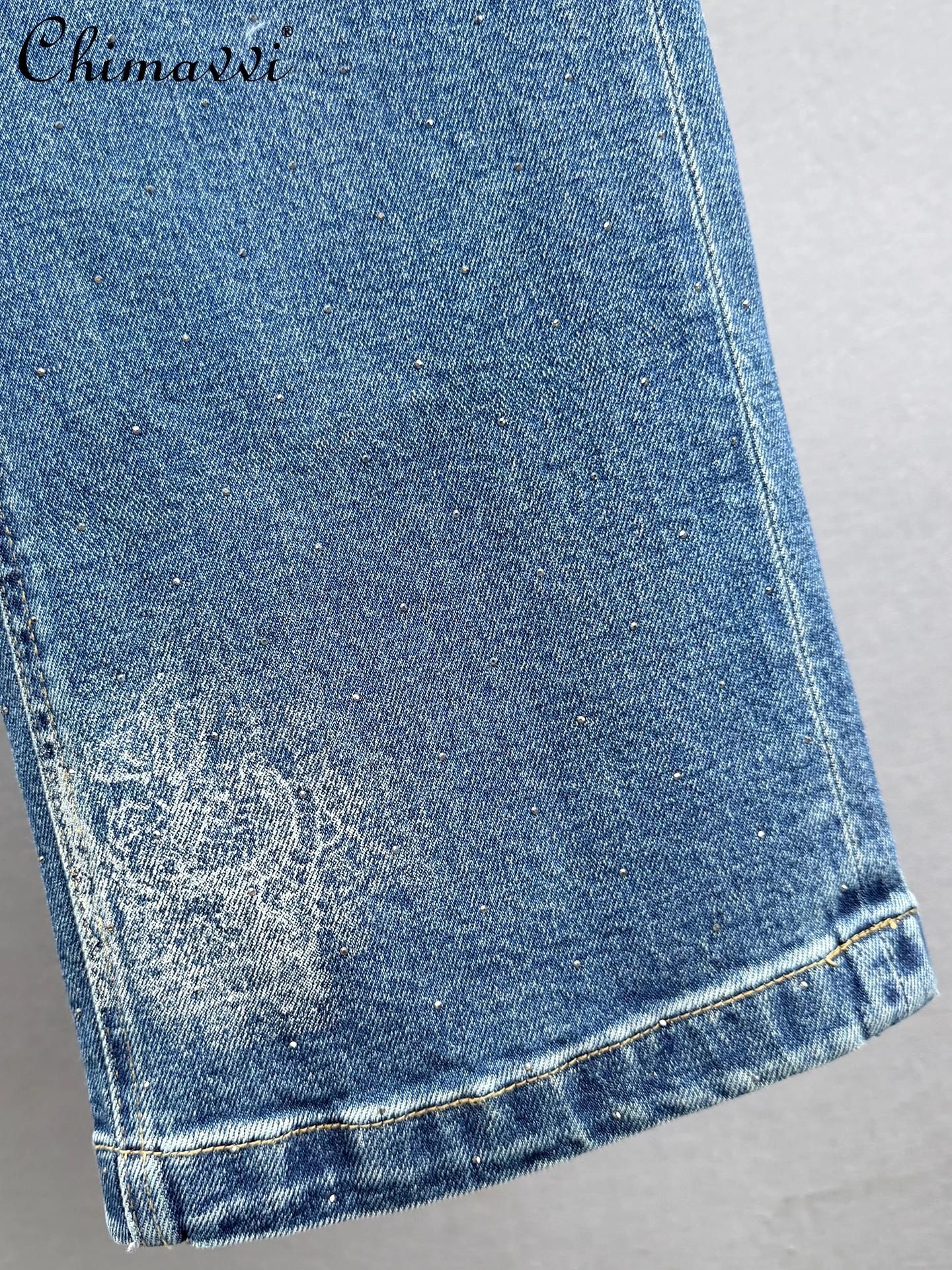 Fashion Loose Denim Straight Pants for Women Autumn New High Waist Slim Embroidered Rhinestone Floor-Length Extended Pants