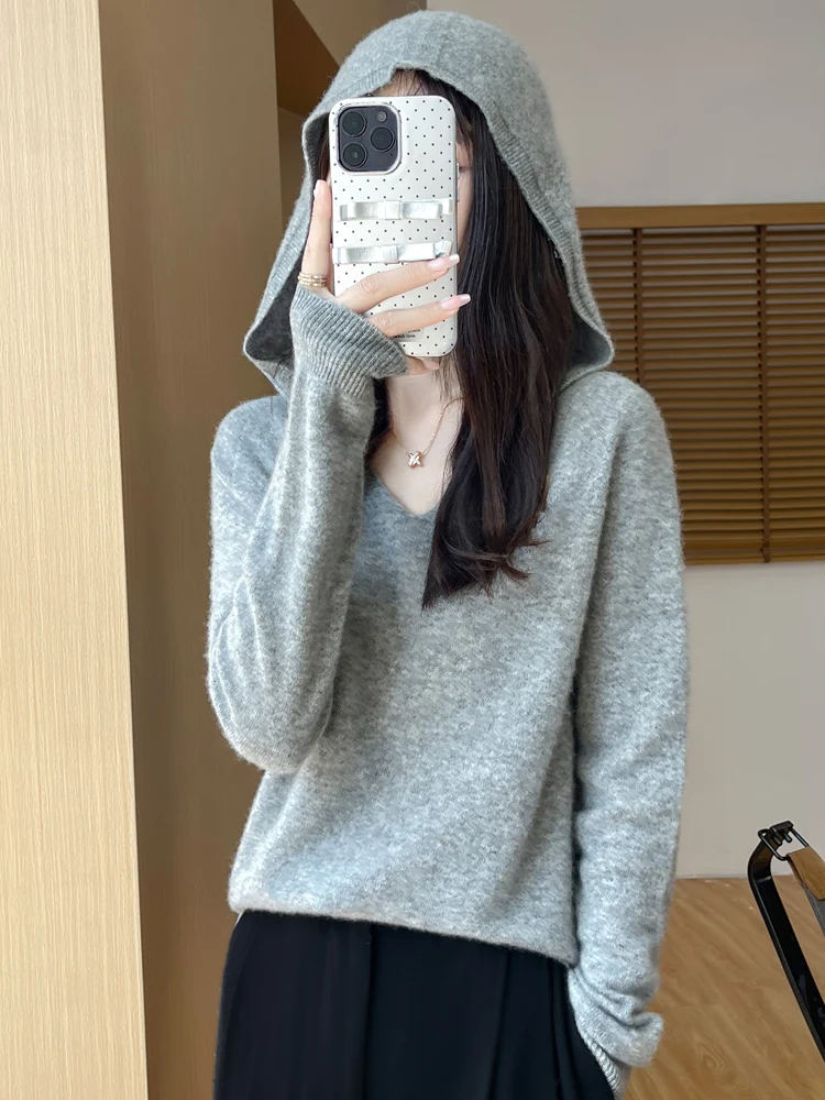 2024 Autumn Winter Women Hooded Pullovers Casual Classical Style Cashmere Sweater 100% Merino Wool Knitwear Soft Warm Clothing