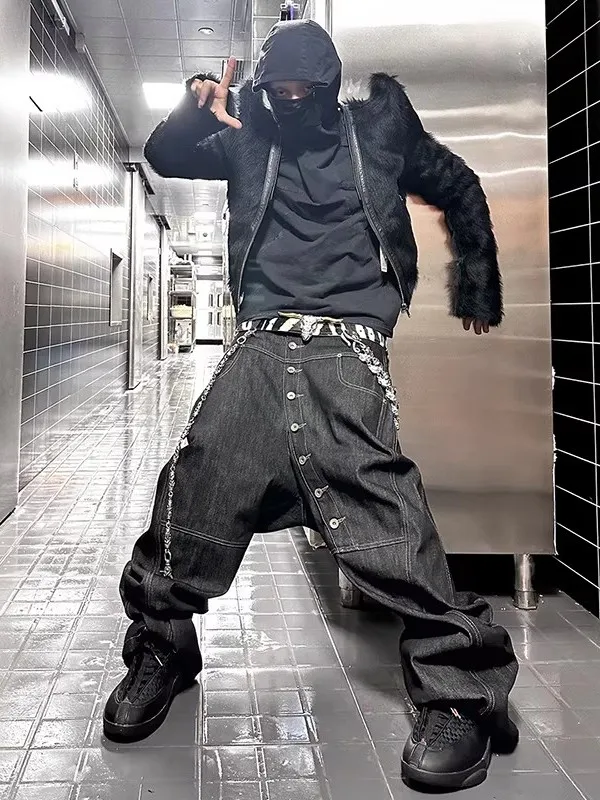 

Zhang Junhao American High Street Ретро Дизайн Пуговицы Мешковатые Джинсы Оригинальные Джинсы Bull Knife Мужчины Женщины Повседневная Износостойкая футболка...