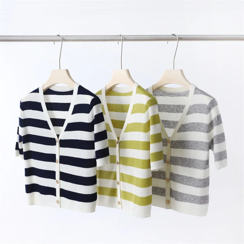 Spring Summer Women Wool Striped Crop Tops Knitting Cardigans Shirts Short V-neck Top Casual Chic Breathable Cropped Cardigan