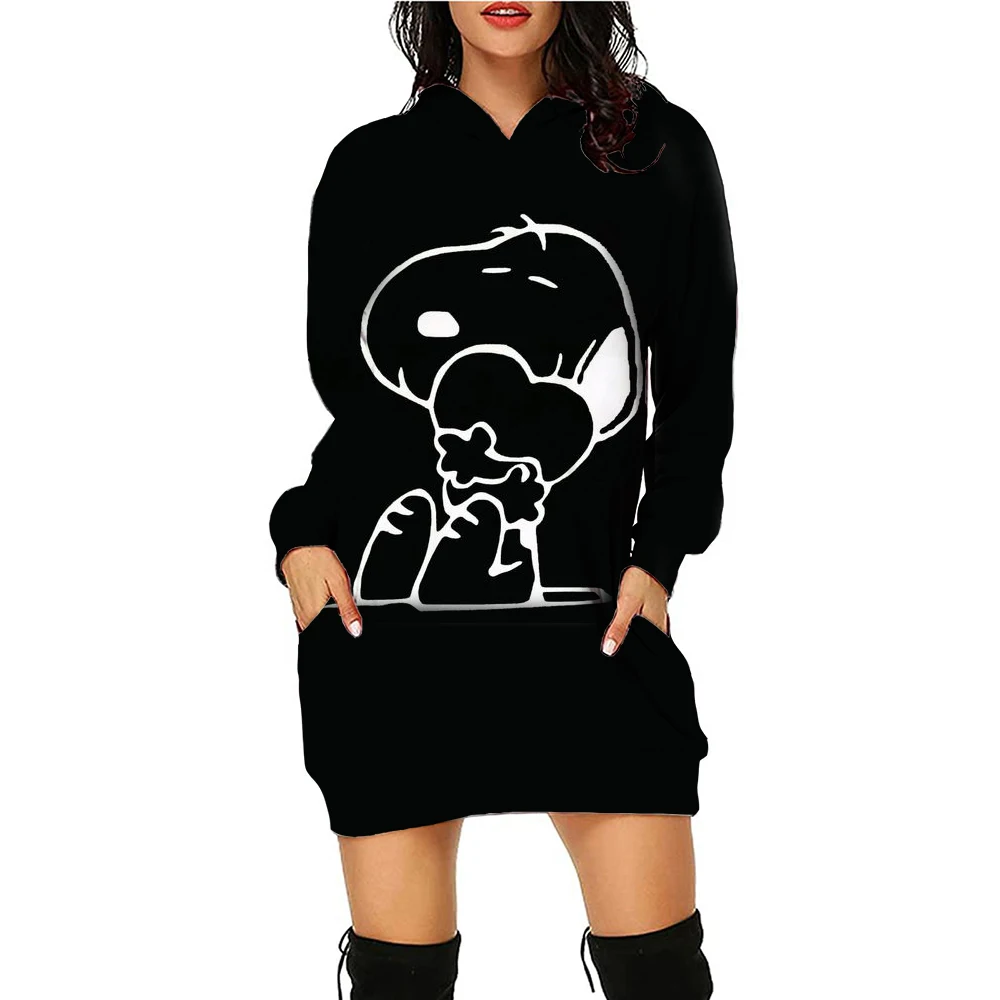 Christmas Autumn and Winter Women\'s Clothing Snoopy Cute Print Disney Women\'s Trendy Hoodie Dress Casual Long Sleeve Dress