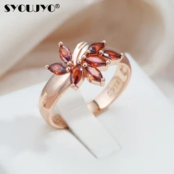 SYOUJYO Red Leaf Natural Zircon Rings For Women 585 Gold Color Vintage Bride Wedding Jewelry Elegant Exquisite Accessories