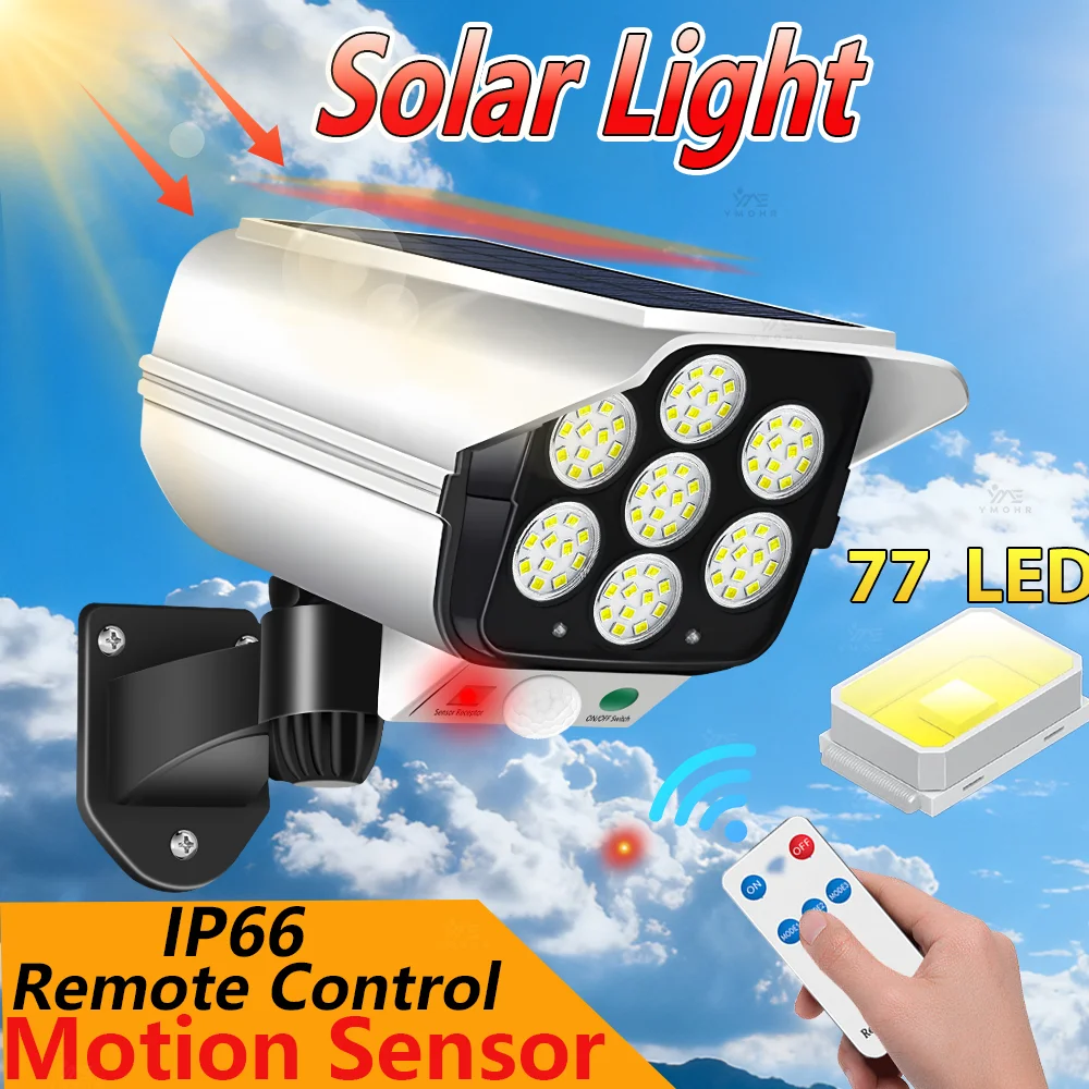 

Солнечные фонари безопасности, поддельные солнечные фонари для видеонаблюдения, уличный 77, светодиодный датчик движения, беспроводной IP66, настенные гаражные фонари для двора