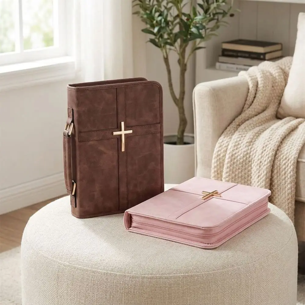 Cross-themed Vegan Leather Bible Cover Dust-proof Built-in Bookmark Ribbon PU Leather Bible Bag Scratch Resistant