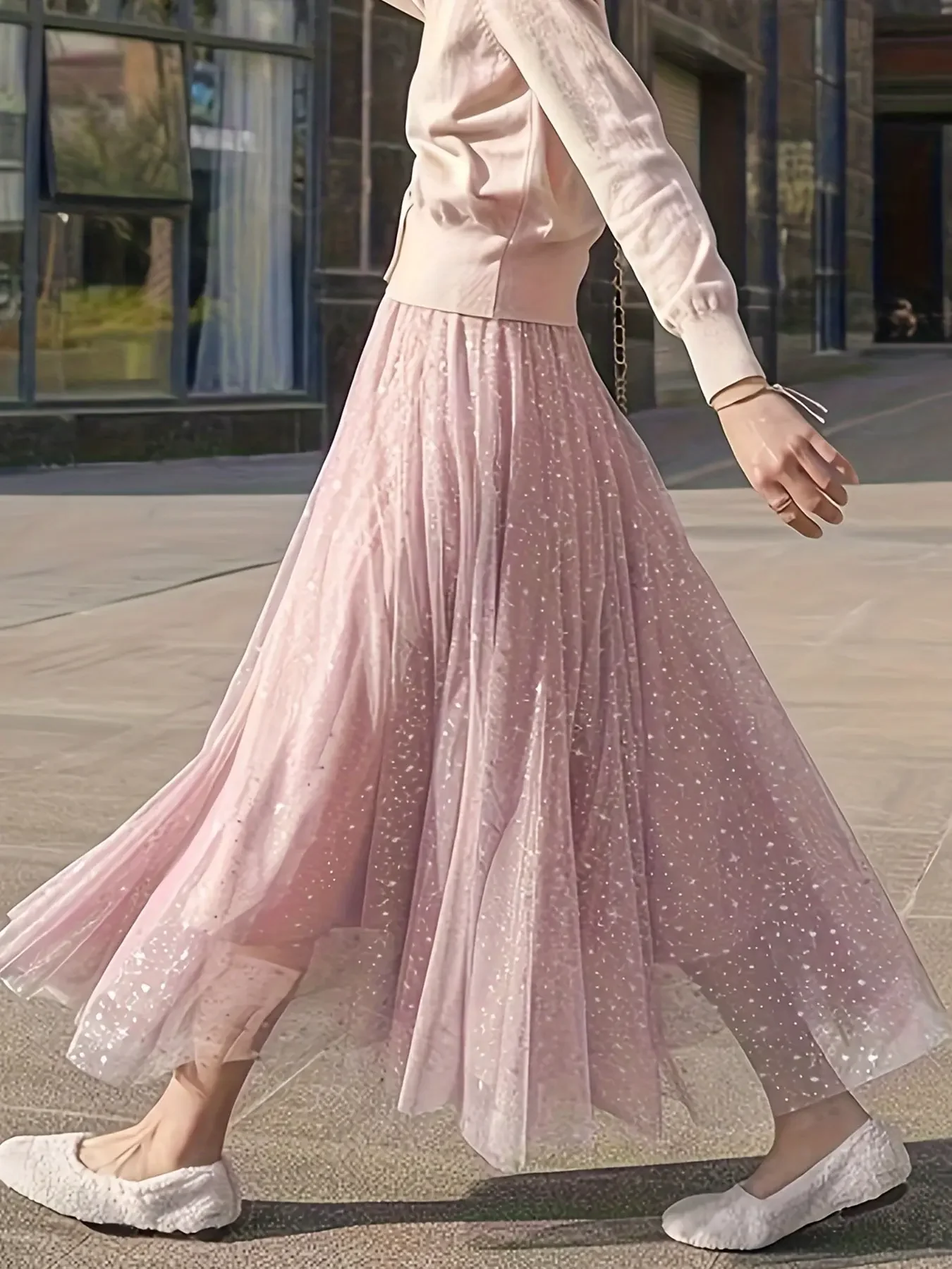 Mid length mesh starry sky sequins large swing skirt women's 2024 new stretch belt pink skirt women's