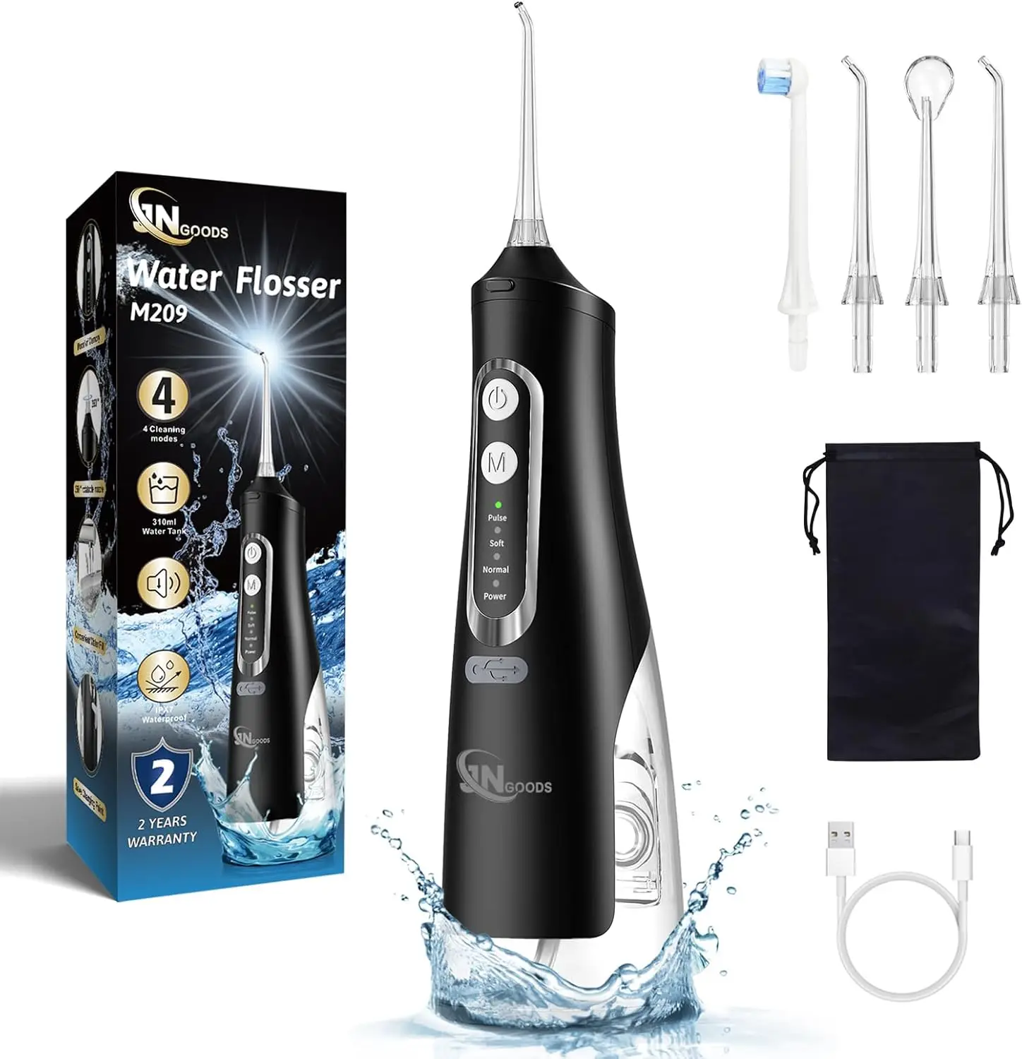 

Cordless Water Dental Flosser Oral Irrigator 310ml Rechargeable IPX7 Waterproof 4 Modes Portable with 4 Jet Tips Travel Home Use Black