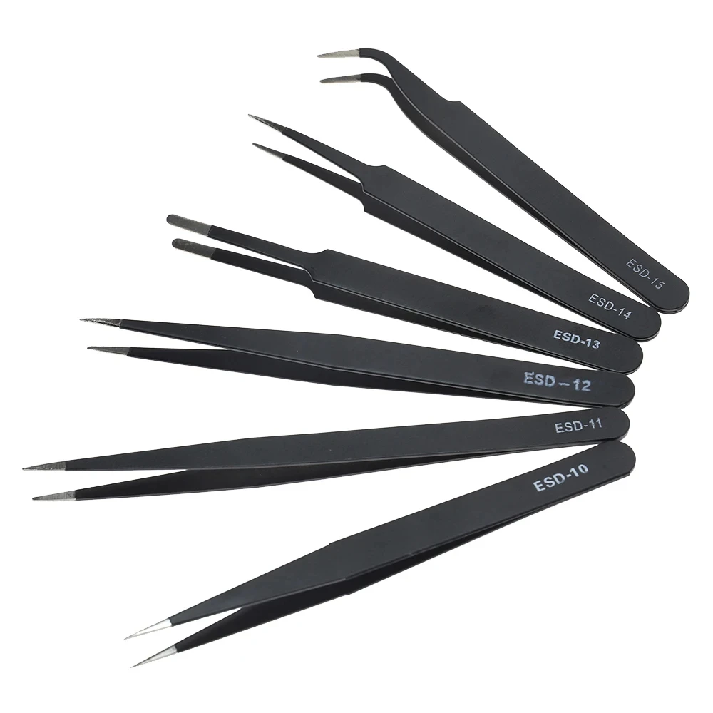 6pcs Anti-static ESD Stainless Steel Tweezers 1mm Maintenance Tools Industrial Precision Curved Straight Tweezers Repair Tools