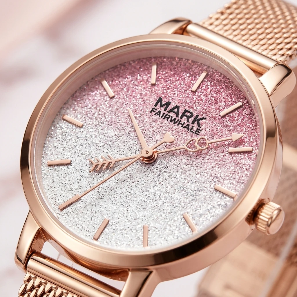 Mark Fairwhale Elegant Ladies Quartz Watch Round Case Gradient Glitter Dial Fine Mesh Metal Strap Female Wrist Watch