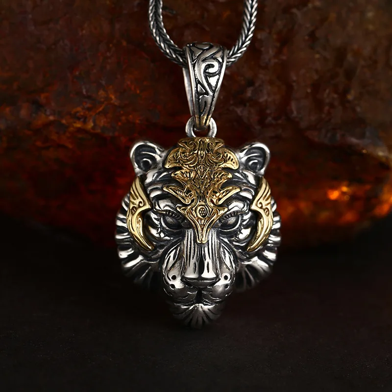 New S925 Sterling Silver Jewelry Vintage Chinese Style Domineering Gilded Tiger Head Pendant Selected Gift