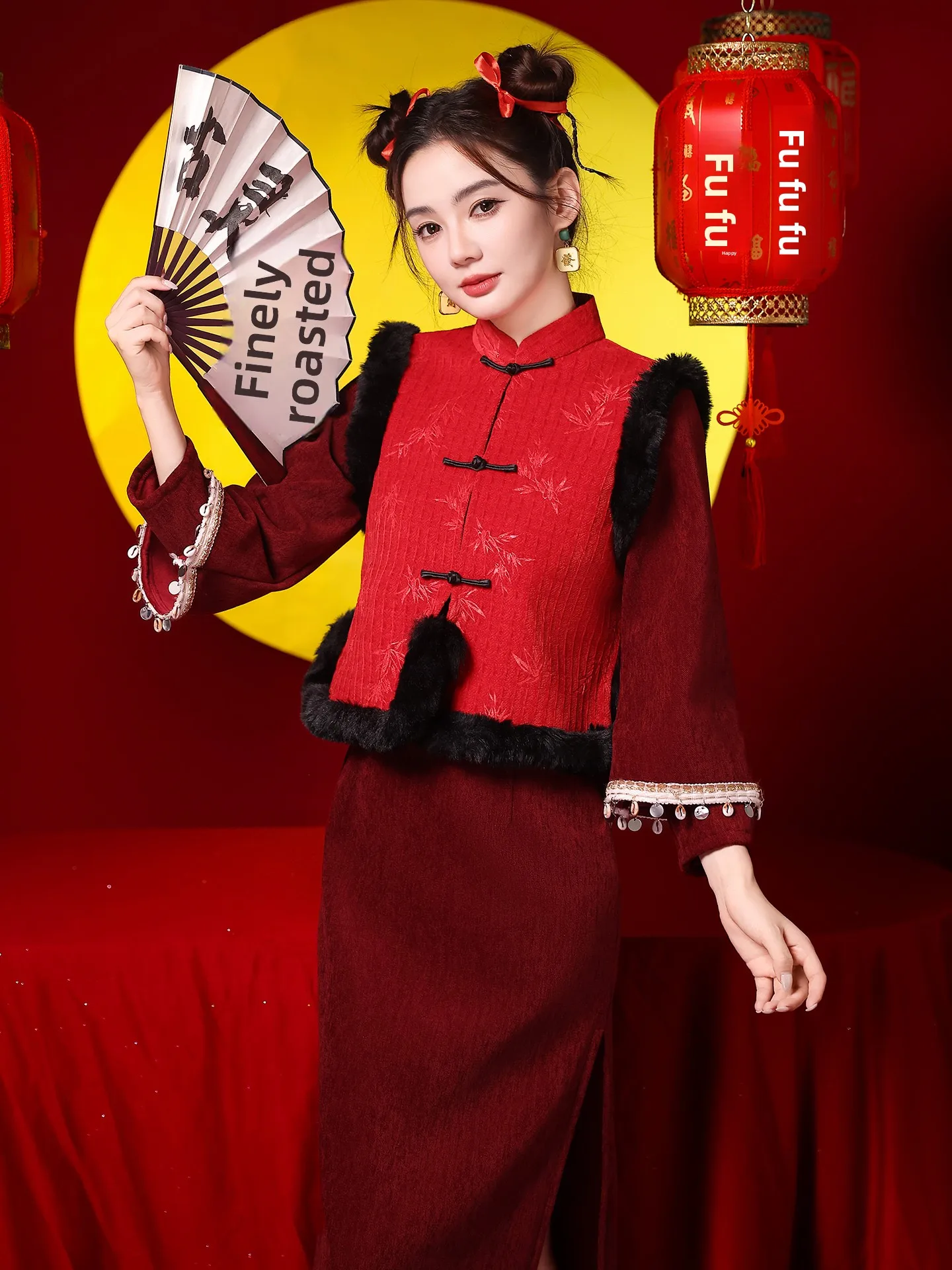 

Red Velvet Flag Robe Winter Thiened Fce Vest Set New Year's Clothes Visit Clothes Women's Tang Suit Retro Sle Long Sve