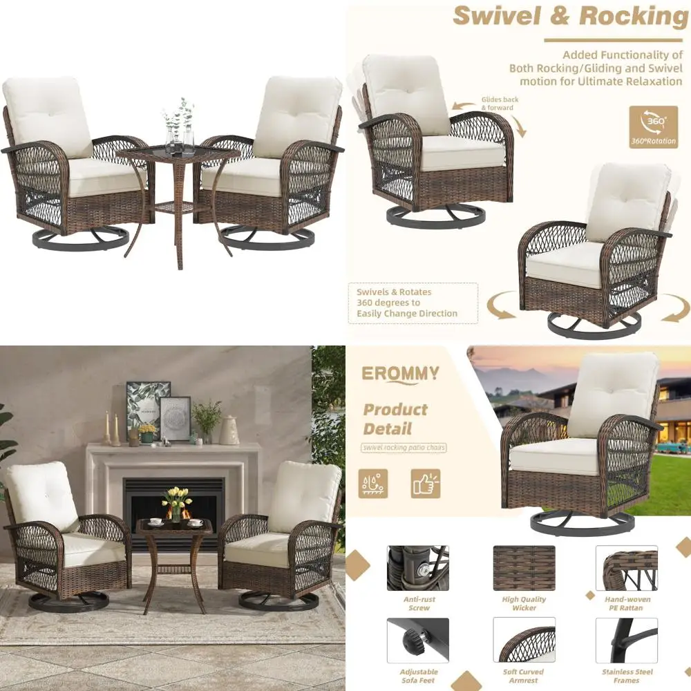 

3-Piece Outdoor Swivel Rocker Patio Furniture Set with Wicker Bistro Chairs and Thick Cushions