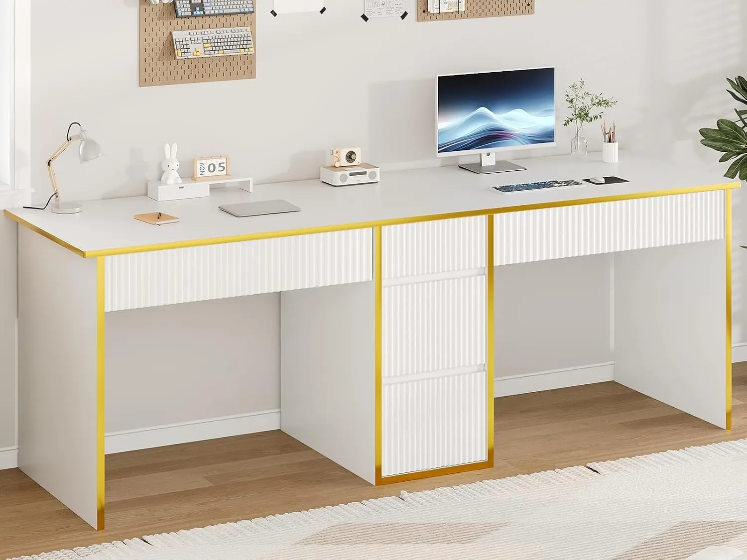 Two Person Desk with Drawers, 78.72 Inch Extra Long Computer Desk with 5 Storage Drawers, Study Writing Desk with Storage Shelve