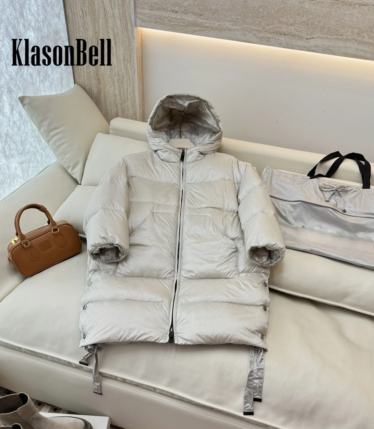 10.11 KlasonBell Women\'s 2024 Autumn Winter New Hooded Goose Down Keep Warm Jacket Side Split Button Lace-up Mid-Length Coat