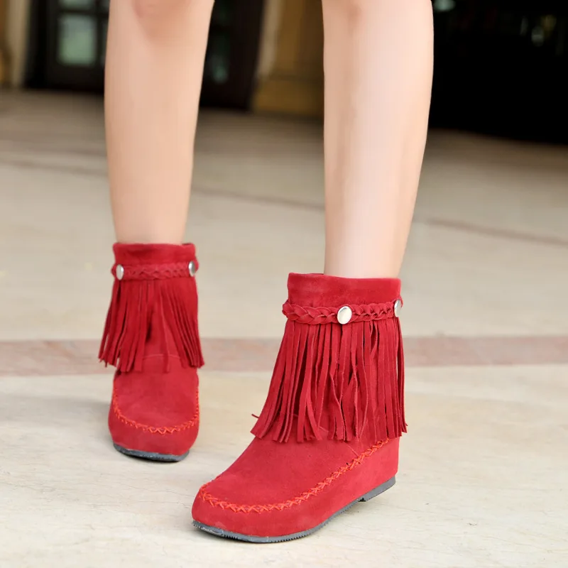 Bohemian Ankle Boots for Women Tassel Fringe Faux Suede Leather Short Boots Inside Height-increasing Shoes Flat Booties WSH5018