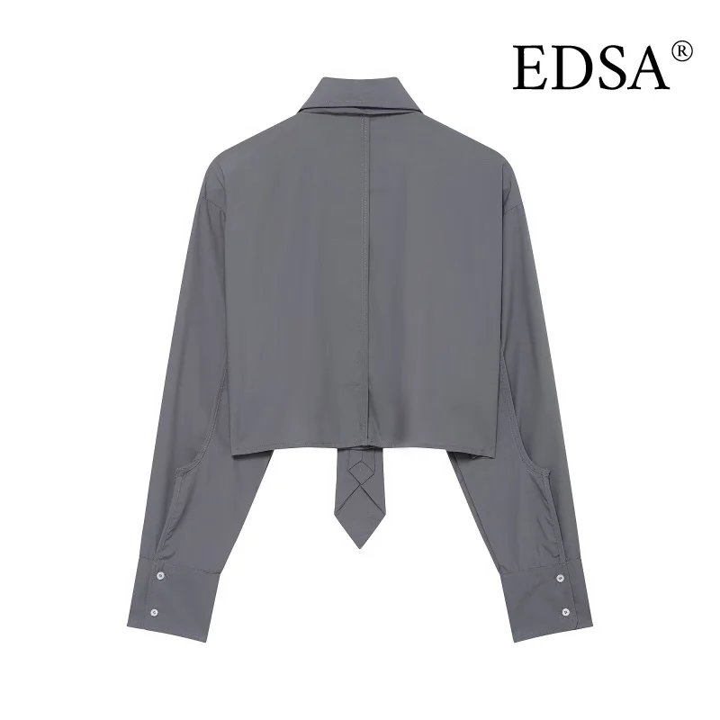 قميص نسائي قصير من EDSA بأكمام طويلة لربيع وصيف بلون سادة
