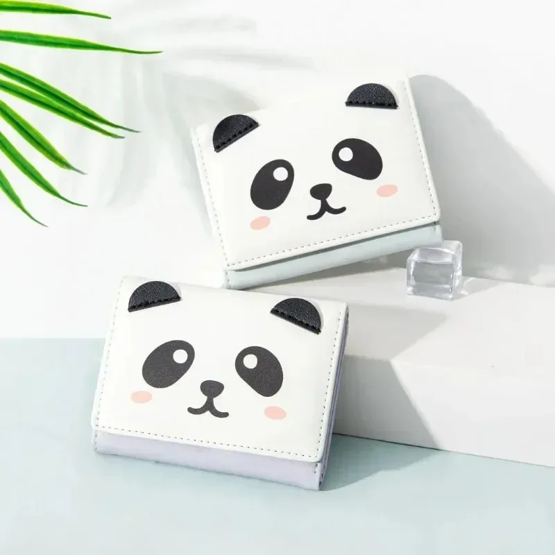 Cute Panda Three Fold Short Wallets Students PU Leather Pocket Mini Coin Purse Ultra-thin Small Buckle Card Bag Small Money Clip