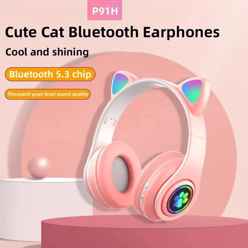 Flash Lamp Cute Cat Ears Headphone Bluetooth 5.0 Stereo With Mic Support TF Card Wireless Kids Girl Glow Earphone Birthday Gift