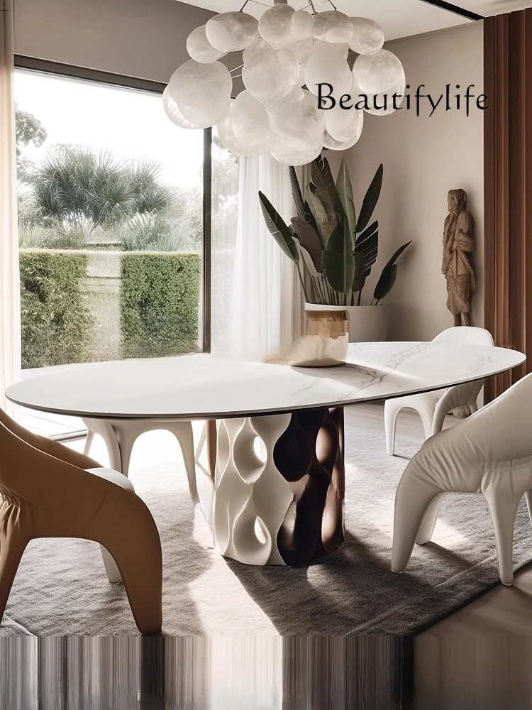 

Luxury stone rock slab dining table, cream long dining table 2 meters long table, wabi sandy creative dining table