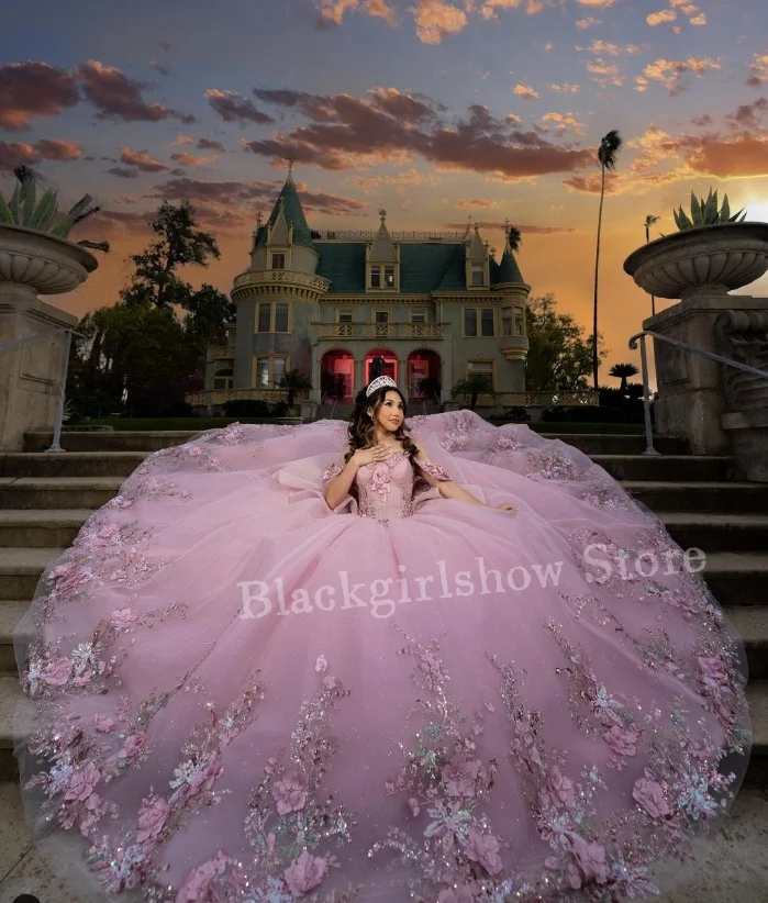 Peach Pink Princess Quinceanera Dress 2024 Luxurious Strapless Floral Applique Crystal Beaded Chapel Train Vestidos De Fiesta