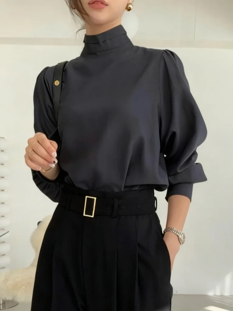 

Ele Chic Женский атласный фонарь irt Све с высоким воротником в Корейском стиле Sle Commute Faion Весна Осень Зима Длинный све