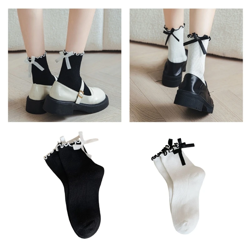 

Lolita Girls Princess Style Ruffled Socks Student Sweet Bowknot Frilly Soft Cotton Ankle Socks Women Autumn Middle Tube Hosiery