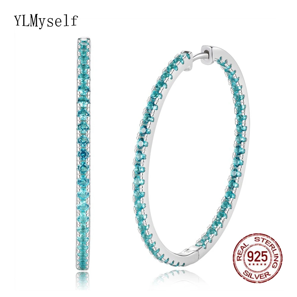 

YLMyself 3CM Hoop Earrings 925 Sterling Silver 2mm Paraiba Blue CZ Pave Round Gift