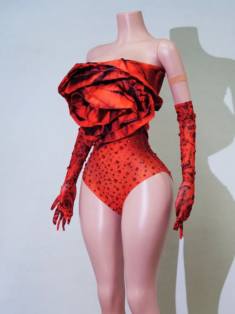 Clearance Women's Stage Performance Costume Qith Red Roses And Hand-applied Rhinestones, Suitable For Stage Performances  Club